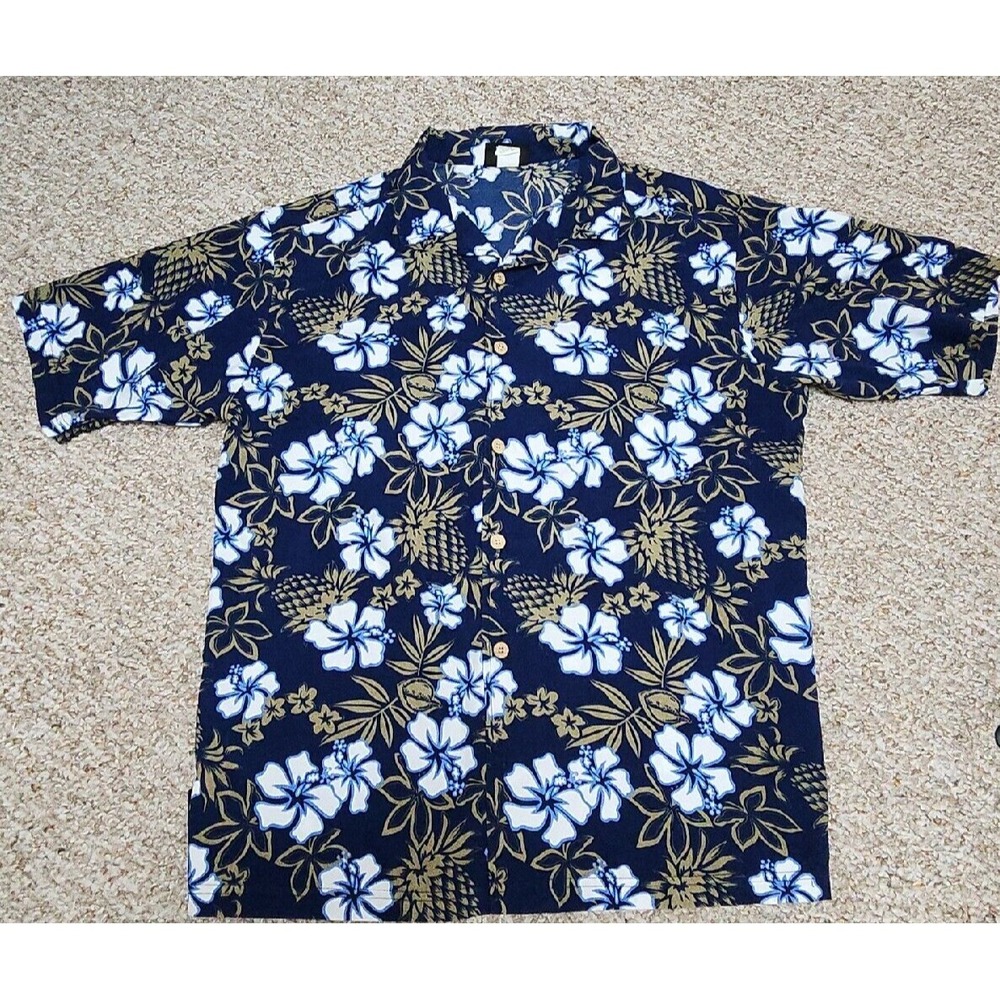 ODO Mens Hawaiian Shirt Large Navy Blue Tropical Hibiscus Pineapple‎ Print USA